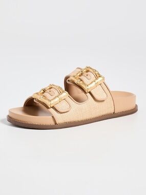 Schutz Enola Strappy Flat Slides – Areia/Light Wood